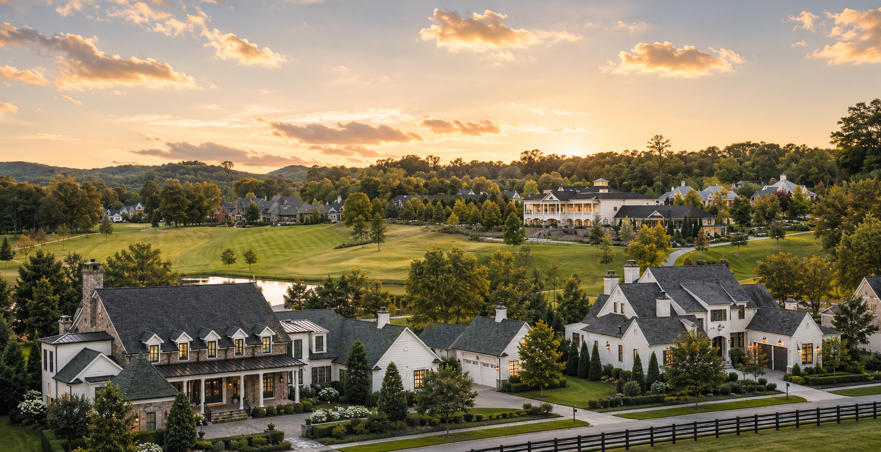 Representative editorial illustration of estate homes and landscaped club grounds, not an actual Grove property
