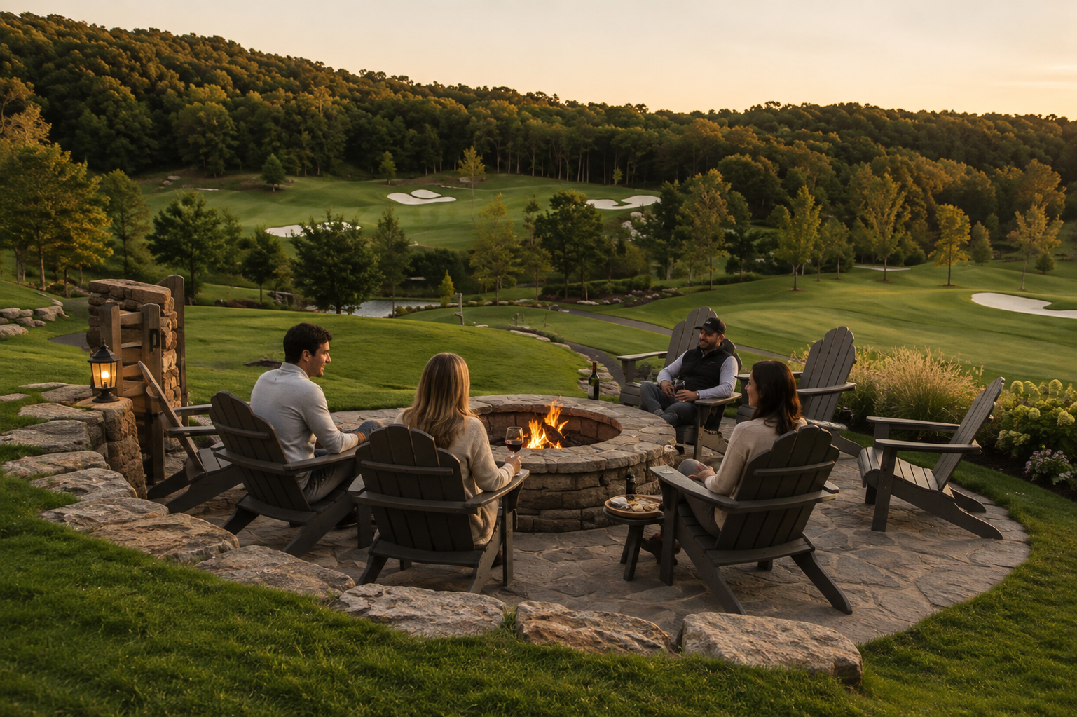 Representative editorial illustration of friends around a fire pit overlooking a course, not an actual Troubadour facility