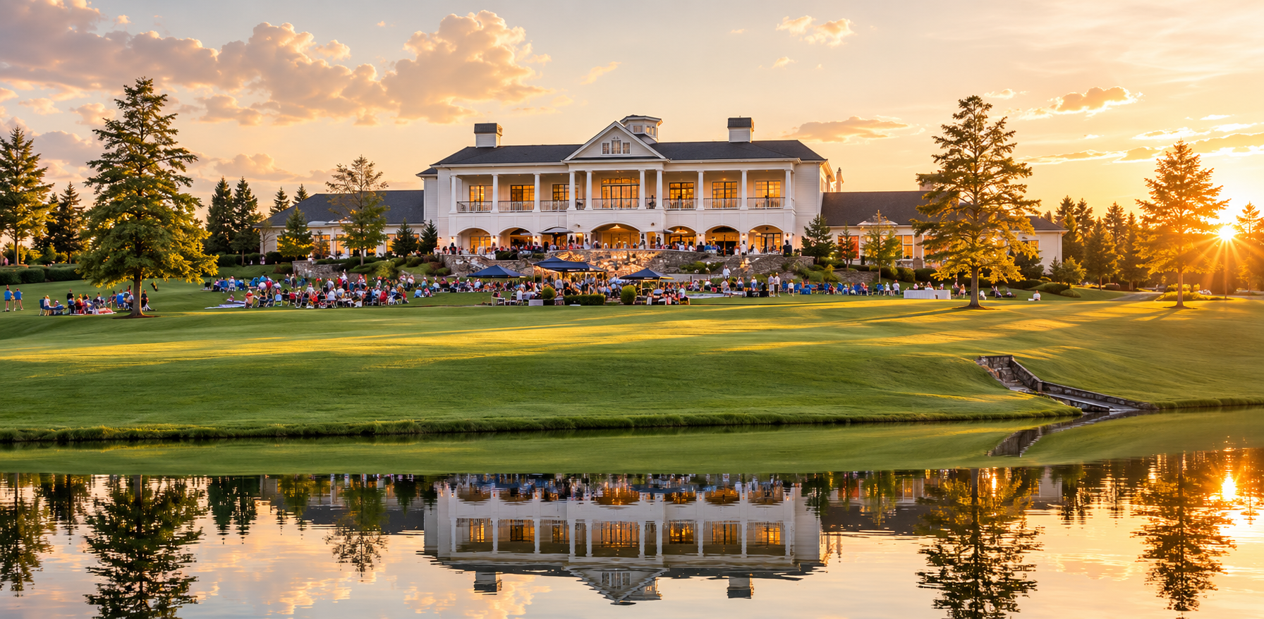 Representative editorial illustration of an evening gathering beside a clubhouse and pond, not an actual Grove event or facility