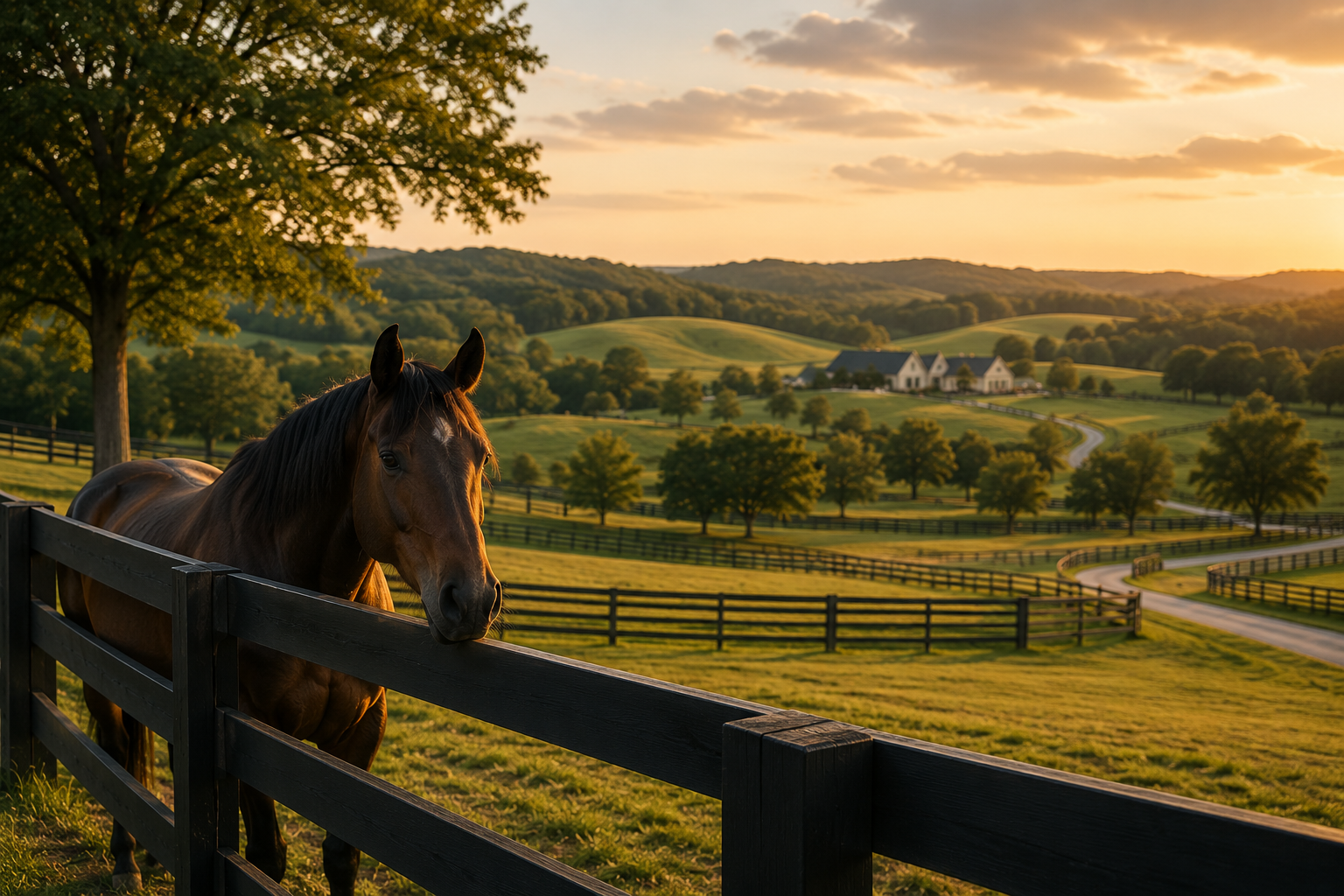 Representative editorial scene of a horse beside black fencing, rolling pasture and a distant home