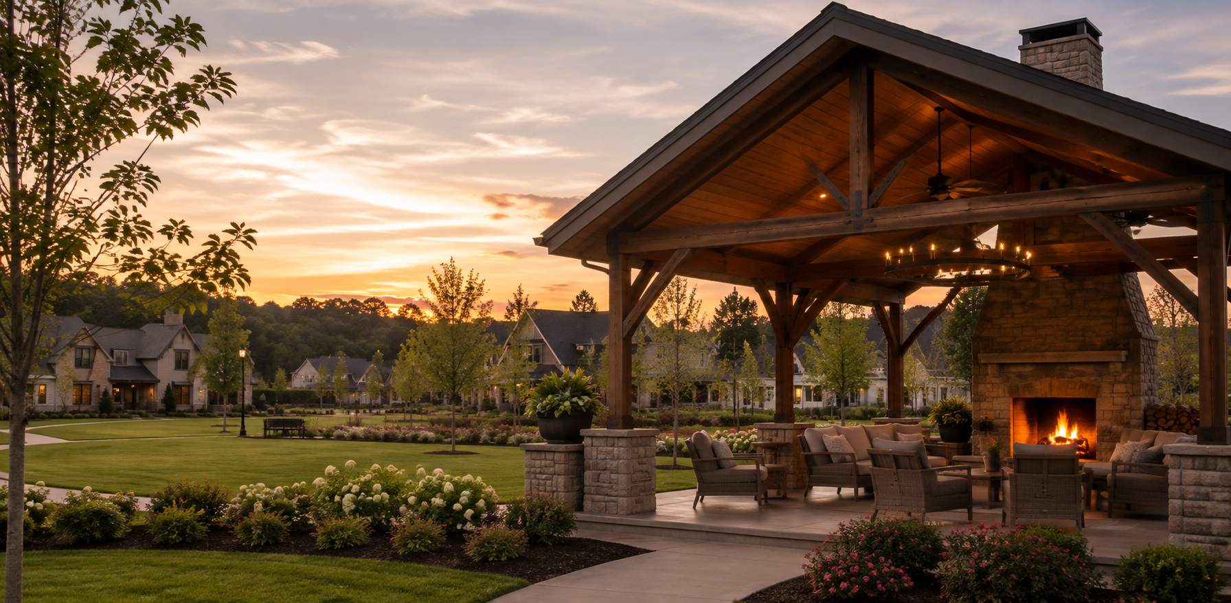 Representative editorial image of landscaped lawns, pedestrian paths and a timber pavilion at sunset; not a documentary photograph of June Lake